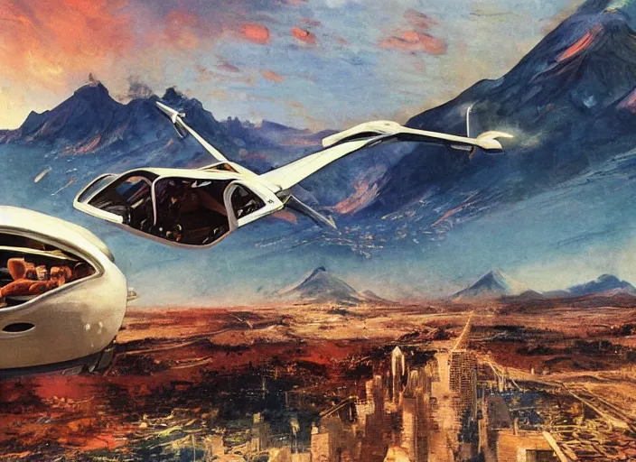 Prompt: illustration of a flying car crossing at full speed between buildings in futuristic santiago de chile with the andes mountain range in the background in a dystopian future by john berkey and monet