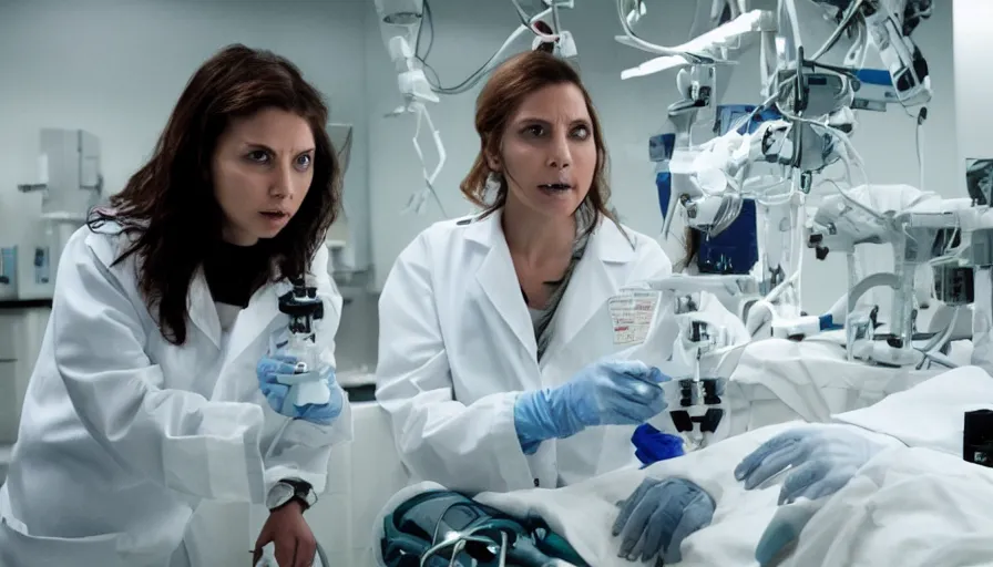 Image similar to big budget horror movie about cyborgs performing illegal organ transplants while a beautiful female scientist watches in horror