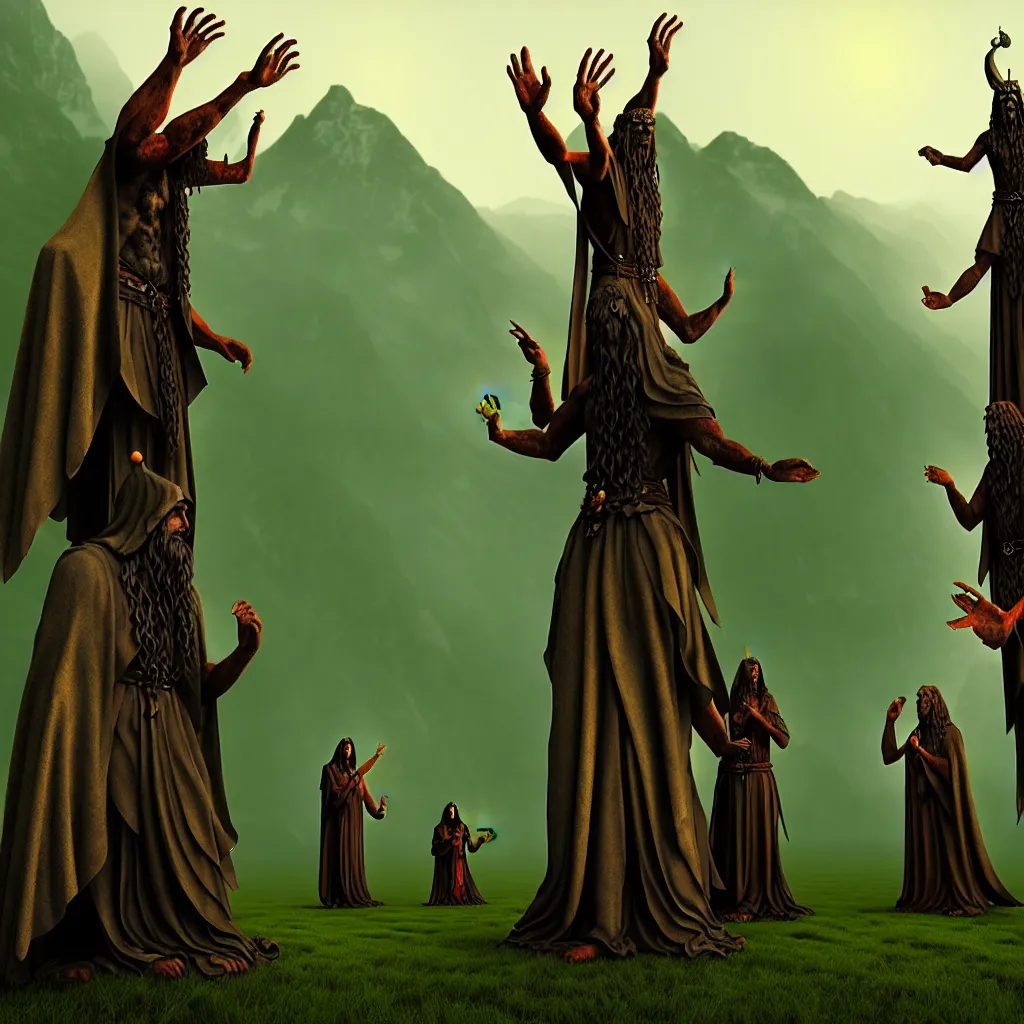 Prompt: evil druids performing a ritual around a wooden statue, mountain background, a detailed matte painting, fantasy, foggy