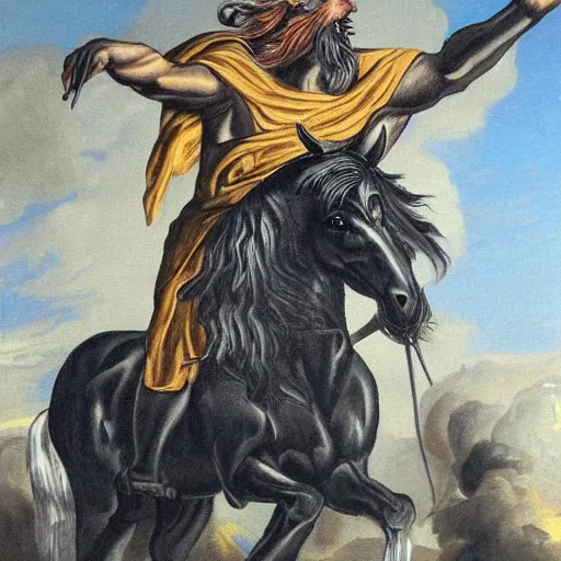 Prompt: painted portrait of zeus! god of thunder riding black horse, masterpiece