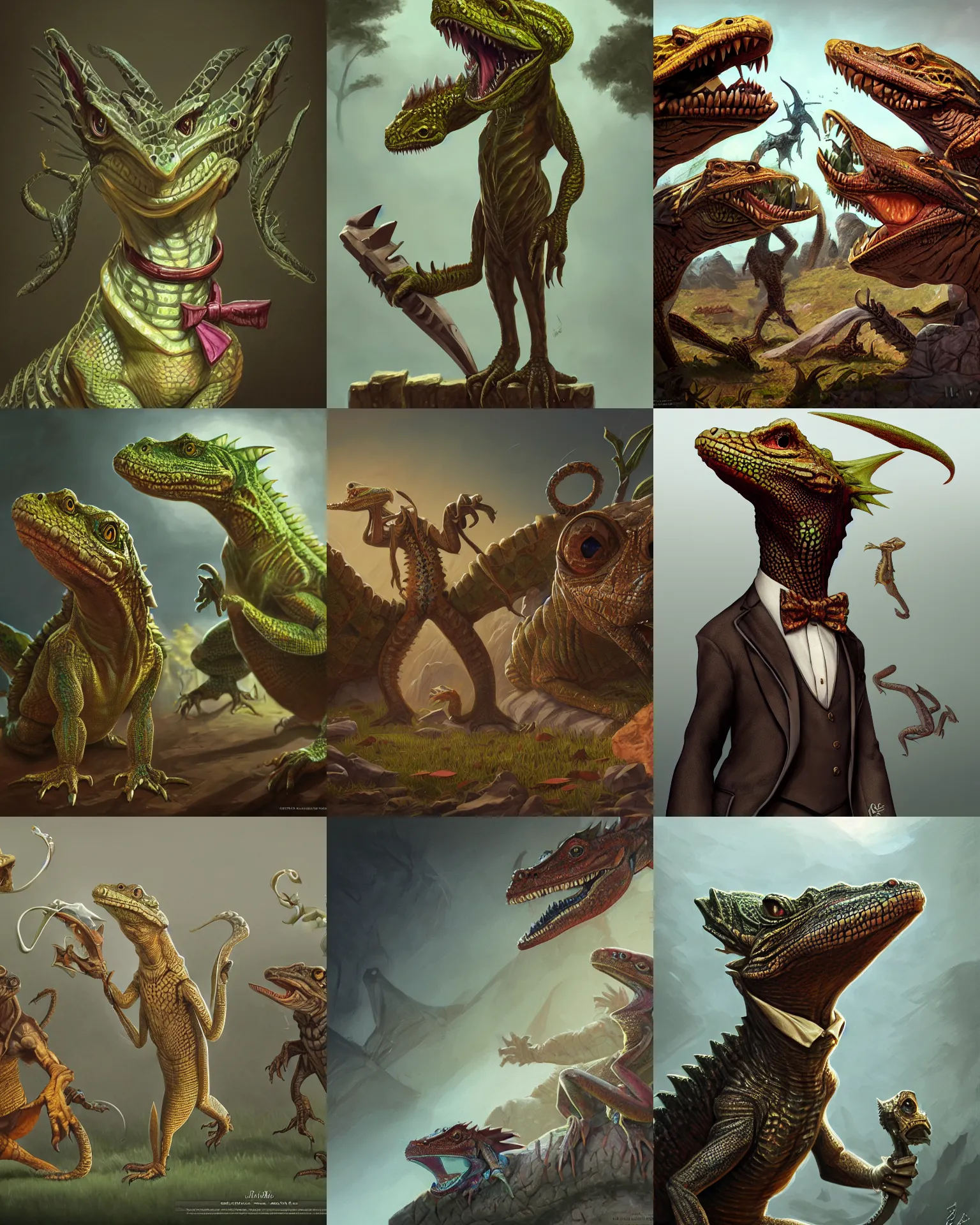 Prompt: lizardfolk with a bowtie, highly detailed, d & d, fantasy, highly detailed, digital painting, trending on artstation, concept art, sharp focus, illustration, global illumination, shaded, art by artgerm and greg rutkowski and fuji choko and viktoria gavrilenko and hoang lap