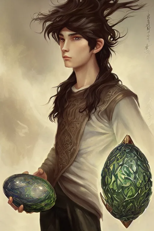 Image similar to portrait of elven teenage boy mage with long black hair holding dragon egg digital painting modern fantasy webtoon manhwa concept art by peter mohrbacher wlop