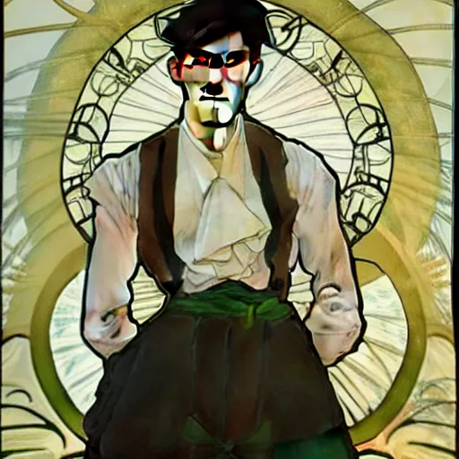 Image similar to full body painting of grumpy handsome thin beautiful young man in his 2 0 s named min - jun in a french female maid outfit, modern clothing, elegant, clear, painting, stylized, delicate facial features, stylized thin lines, soft but grumpy, highly detailed, art, art by alphonse mucha