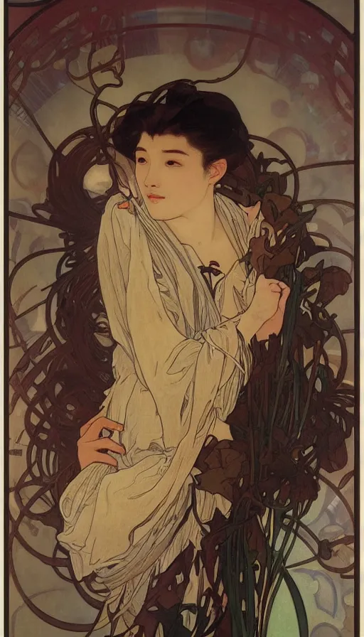 Prompt: portrait of cai xukun by alphonse mucha, james jean, manuel sanjulian, sharp focus, illustration