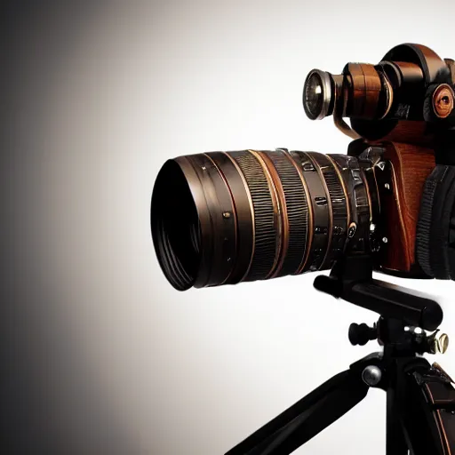 Image similar to a steampunk dslr camera on a wooden table, studio light, edge lit, detailed, product photography