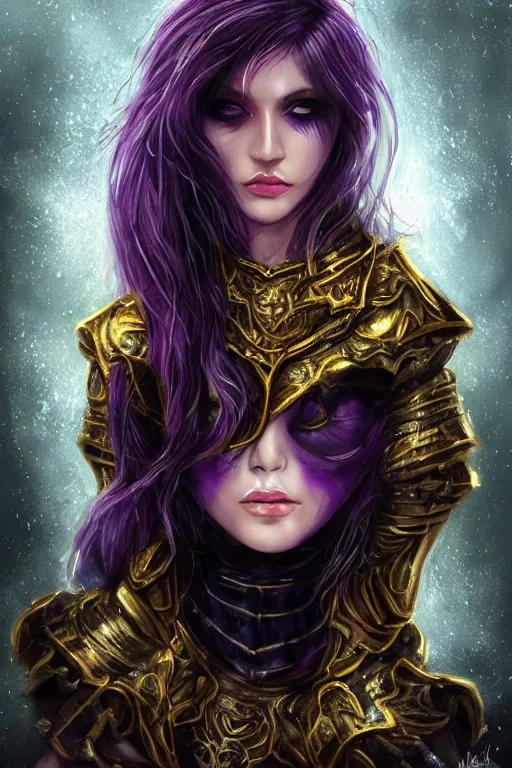 Prompt: portrait evilly knights of Zodiac girl+smoky eyes, metalic deep purple and black reflected armor, in ruined Agora of Athens thuder flash night and stormy rainning, ssci-fi, fantasy, intricate, very very beautiful, elegant, golden light, highly detailed, digital painting, artstation, concept art, smooth, sharp focus, illustration, art by tian zi and WLOP and alphonse mucha