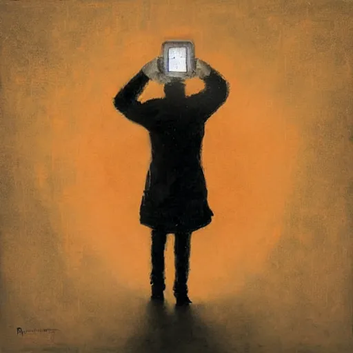 Prompt: A art installation. A rip in spacetime. Did this device in his hand open a portal to another dimension or reality?! bright orange by Ray Donley evocative