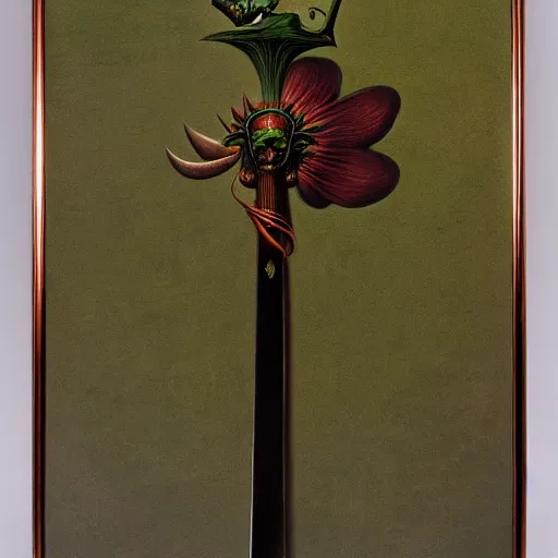 Image similar to a sword in the style of zdzisław beksinski, elegant, flower petals, copper and emerald