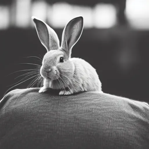 Prompt: A photograph of a rabbit sitting on the back of a cat in the style of Annie Leibovitz