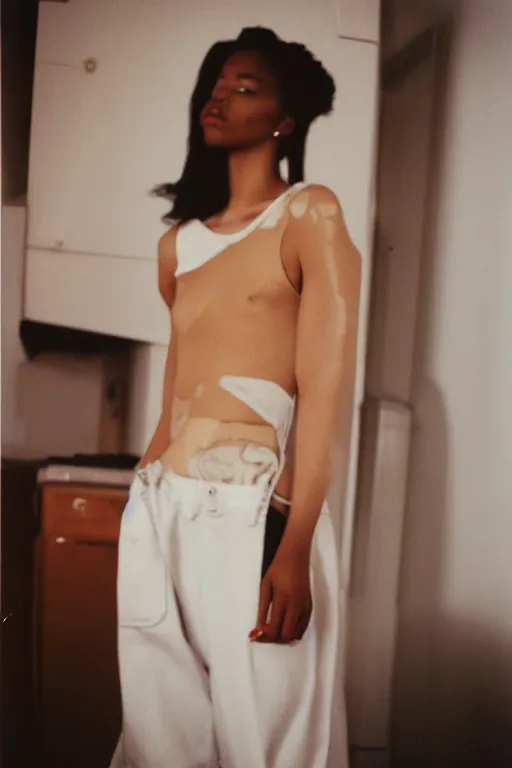 Image similar to realistic! photoshoot for a new vetements lookbook, color film photography, portrait of a beautiful woman, location in a apartment, in style of tyler mitchell, 35mm