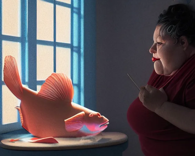 Image similar to delicate and beautiful scene in hyper realistic style, of a fat old woman is sculpting a huge colorful fish on the wall. lighting from the barred window. shadows. 4 k. wide angle. very detailed. red mouth, blue eyes. deep focus, lovely scene. ambient occlusion render. unreal engine.