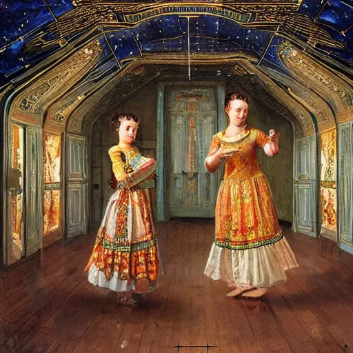 Image similar to udmurt twins uncovering the mysteries of long forgotten room with a starlit ceiling, in the style of konstantin razumov, detailed faces, extremely detailed