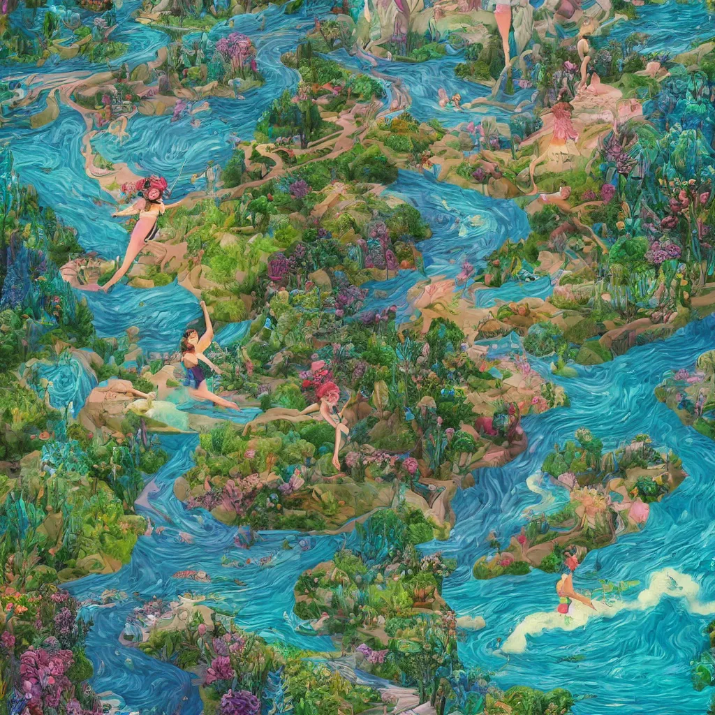 Image similar to surrealist painting with a river running through the middle going off into the infinite distance with a girl throwing rocks into the river with whimsical trees and flowers and scenery, 8 k, trending on artstation, illustration, mixed collage media, hyper detailed, simple lines, warm epic colors