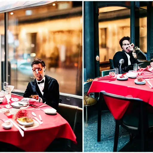 Prompt: joker eating at a fancy restaurant standing next to deadpool, 85mm f/1.4