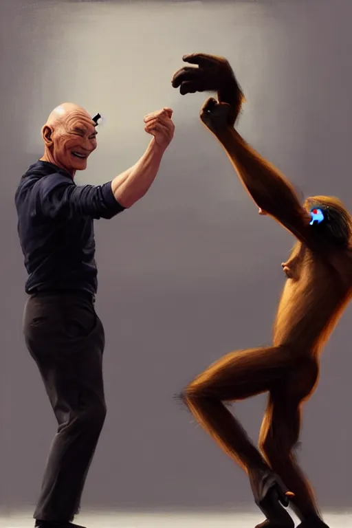 Prompt: patrick stewart dancing with a chimpanzee, animation pixar style, by magali villeneuve, artgerm, jeremy lipkin and michael garmash, rob rey and kentaro miura style, golden ratio, trending on art station