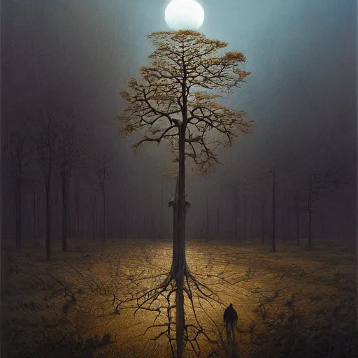 Image similar to beautiful hyperrealistic detailed matte landscape of a the mysterious last tree on earth, cyberpunk tree, summer, on the morning, by zdzisław beksinski and artem demura and john howe, featured on artstation, featured on behance, golden ratio, ultrawide angle, f 3 2, well composed, cohesive