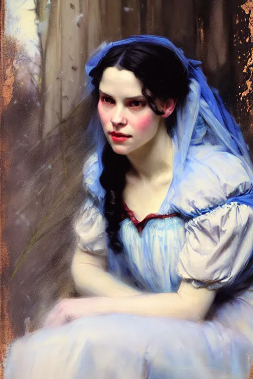 Image similar to soft colorsphotograph imax and solomon joseph solomon and richard schmid and jeremy lipking victorian loose genre loose painting full length portrait painting of snow white disney