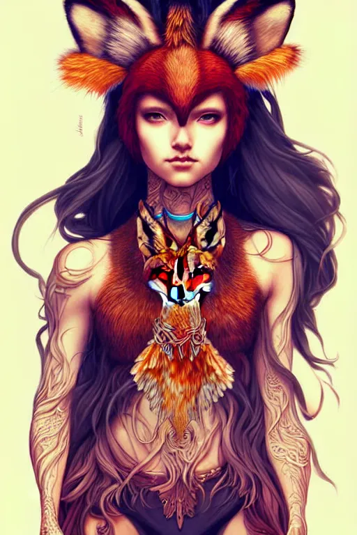 Image similar to digital art, centered full body girl with fox headdress ,intricate, veins, by James Jean and by artgerm , by ross tran, ultradetailed, charachter design, concept art, trending on artstation,