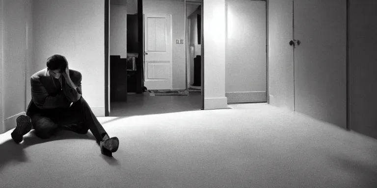 Prompt: photorealistic Cinematography of a man crying on the floor at night in a mid century modern apartment shot on film at magic hour in a room filled with volumetric haze by the shining Cinematographer john alcott on a cooke panchro 18mm lens .