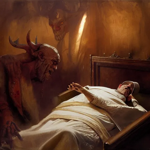 Image similar to the pope laying down in his bed, terrified, because a double horned shadow demon is in the bedroom. highly detailed painting by gaston bussiere, greg rutkowski, craig mullins 8 k