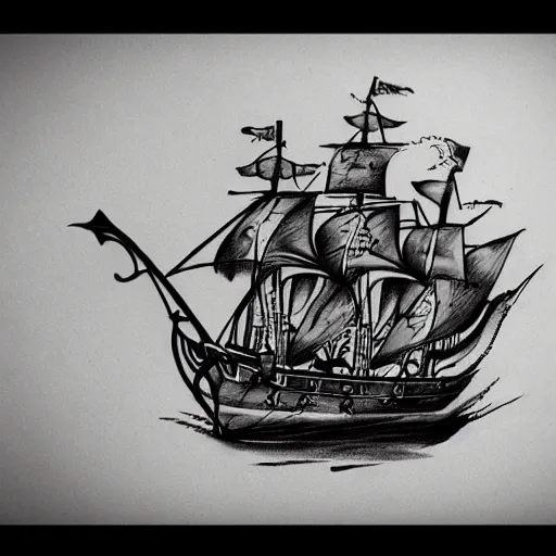 Image similar to realism tattoo design sketch of a pirate ship, in the style of Sivak