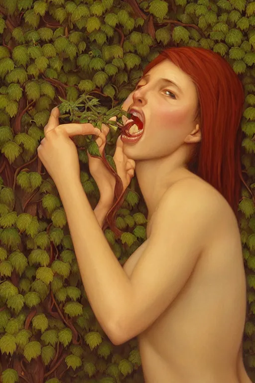 Image similar to a portrait of a girl get eating by cannabis vine art by christophe vacher