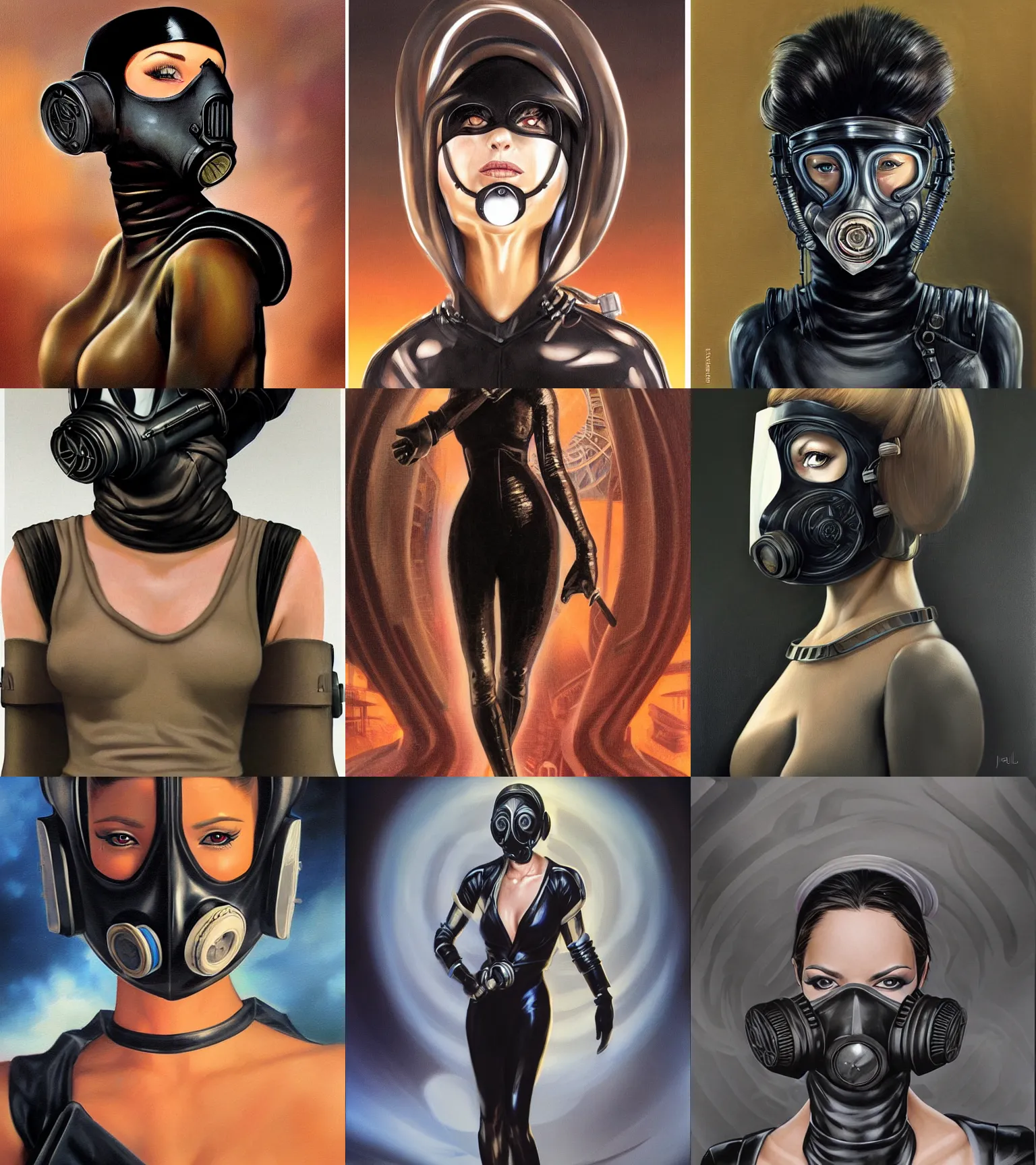 Prompt: highly detailed portrait photo faceshot of a powerful female character, wearing a black dress. her face is covered in a gas mask in a scenic futuristic urban environment. hyperrealistic fashion illustration by boris vallejo and julie bell.