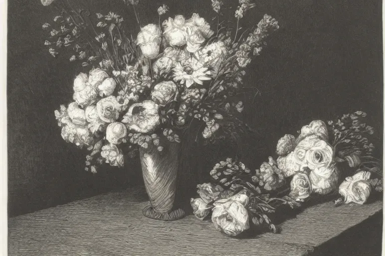 Prompt: black and white, flower bouquet at table in the dinner room, soft light, Gustave Dore lithography