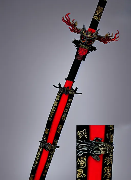 Image similar to an ancient chinese dragon sword, elf, warrior, mage, male, red and black, photoreal
