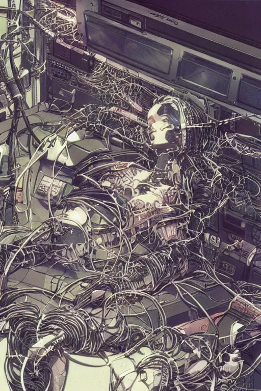 Image similar to beautiful hyperdetailed cyberpunk anime illustration of a feline robot lying in the lab with wires and cables coming out of his head and back, by moebius, masamune shirow and katsuhiro otomo