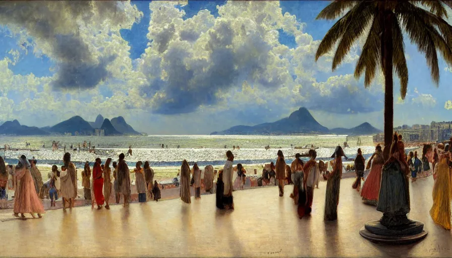 Image similar to a ultradetailed beautiful painting of the thunderstorm sky of the rio de janeiro palace balustrade designed by jules bastien - lepage, tarsila do amaral, frank weston and gustave baumann, beach, trending on artstation, mediterranean, palm trees, sharp focus, colorful refracted sparkles and lines, soft light, 8 k 4 k