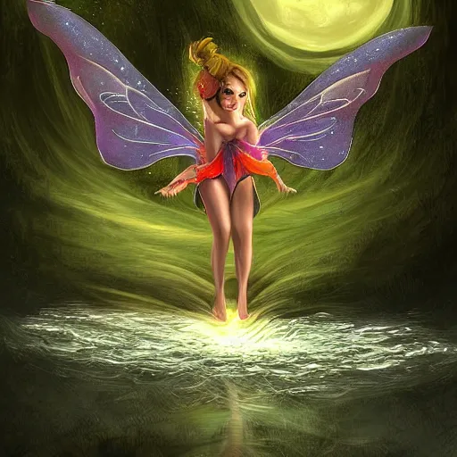 Prompt: evil fairy flying over a river, digital art, fantasy, light