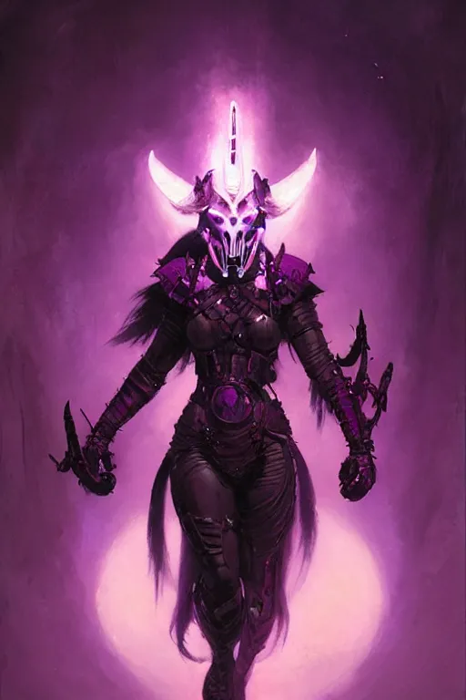 Prompt: woman with a long black ponytail in purple sci - fi armor, wearing a kitsune mask, shoulder pad is a glowing oni mask, striking pose, portrait dnd, painting by gaston bussiere, craig mullins, greg rutkowski, yoji shinkawa