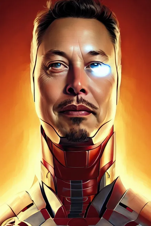 Image similar to elon musk as iron man smiling, realistic portrait, symmetrical, highly detailed, digital painting, artstation, concept art, smooth, sharp focus, illustration, cinematic lighting, art by artgerm and greg rutkowski and alphonse mucha