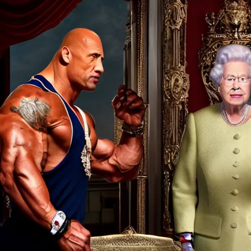 Image similar to Dwayne Johnson flexing his muscels in front of the queen of england in a bar, full body, photorealistic, 4k