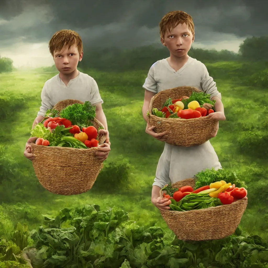 Image similar to portrait of single beautiful child holding a basket of vegetables, green farm lands behind, elegant, highly detailed, digital painting, concept art, smooth, sharp focus, illustration, divine realm of gods, realistic cinematic style, filmed in 70mm, volumetric lighting, octane render, photographic, concept art, artist Dr Zeus, unreal engine 8k