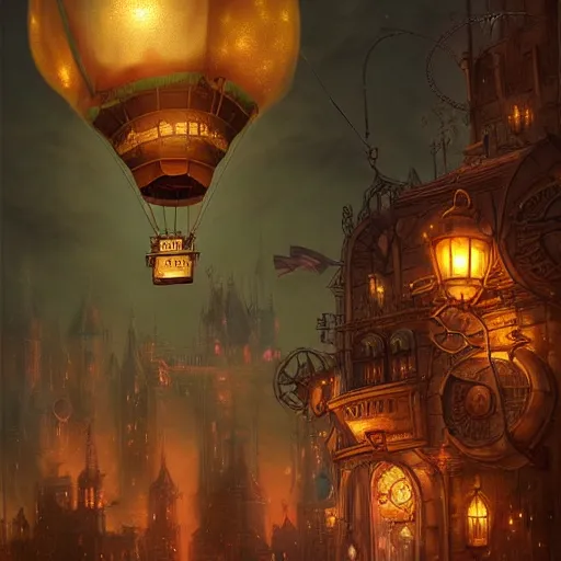 Image similar to a beautiful stunning fantasy whimsical matte digital illustration of a scene of a steampunk! hot - air balloon over a lit steampunk! city at night by marc simonetti, pastel color palette, disney magic the gathering steampunk!!!, chiaroscuro magical! bokeh moon stars dramatic romantic! epic breathtaking, clock tower,, trending on artstation hq, masterpiece