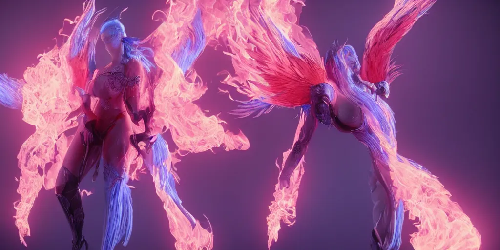 Image similar to pink and blue humanoid woman flaming phoenix, character portrait, unreal engine 5, intricate, detailed, realistic, masterpiece
