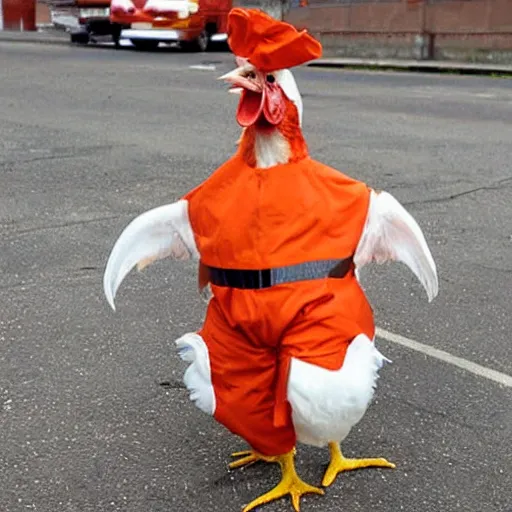 Image similar to chicken dressed as an inmate, real photo