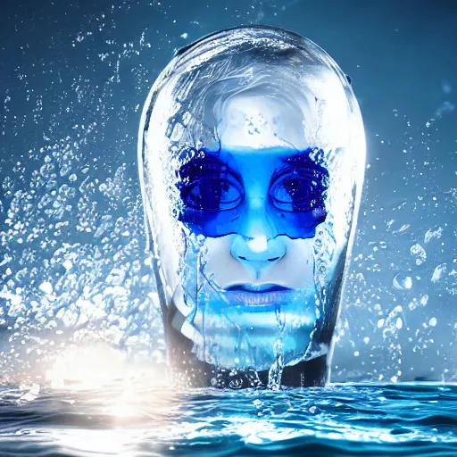 Image similar to water art manipulation in the shape of a human head in a bottle shape, on the ocean water, futuristic, glowing, hyper realistic, ray tracing, realistic water splashes, sharp focus, long shot, 8 k resolution, cinematic, photoshop art
