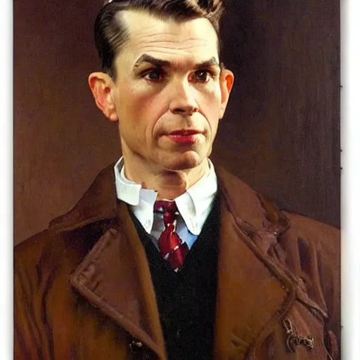 Image similar to Portrait of a stern businessman by J.C Leyendecker and Norman Rockwell, he is about 40 years old, mixture between russian and irish, side parted combover brown hair, attractive, NARROW very very very very sharp face ANGULAR hawkish facial features, hooked nose , extremely pale white skin, smart looking, he is wearing a black trenchcoat, highly detailed portrait, scifi, digital painting, artstation, concept art, smooth, sharp foccus ilustration, Artstation HQ