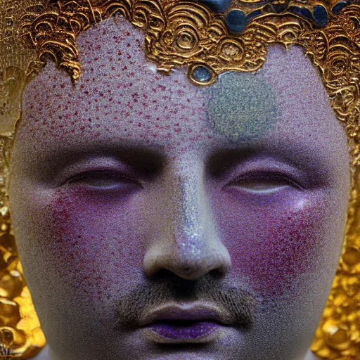 Prompt: a single close up photo - real delicate ceramic porcelain sculpture of a god in front of an intricate background by gustac klimt and victo ngai and takato yamamoto, micro detail, backlit lighting, face in focus, subsurface scattering, translucent, thin porcelain, octane renderer, colorful, physically based rendering, japanese pottery, trending on cgsociety