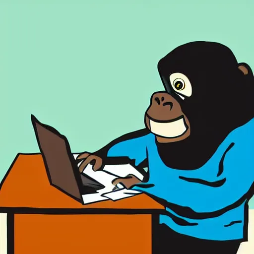 Image similar to a gorrila doing his taxes, cartoon, colorful, art