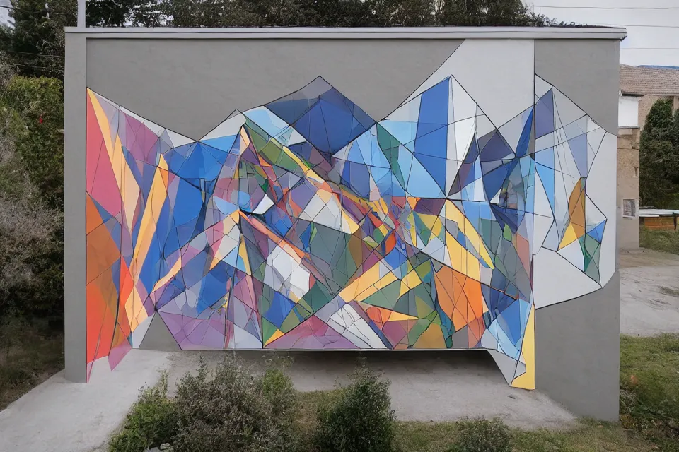 Prompt: geometric anamorphic graffiti of a modern house, by birdo, alex maksiov and john pugh