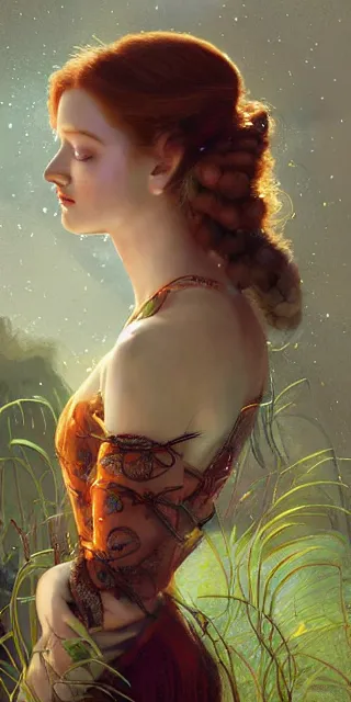 Prompt: young woman, smiling amazed, firefly lights, full covering intricate detailed dress, amidst nature, long red hair, precise linework, accurate green eyes, small nose with freckles, beautiful oval shape face, empathic, expressive emotions, dramatic lights, hyper realistic ultrafine art by artemisia gentileschi, jessica rossier, boris vallejo