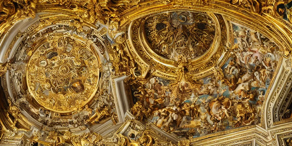 Prompt: beautiful ornate heavenly marble and gold rococo megastructure in the style of heironymus bosch, extremely symmetrical intricate masterpiece, hyper detailed, hd