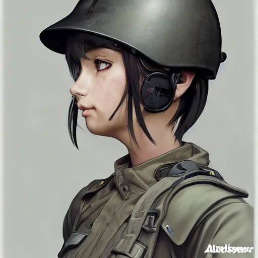 Image similar to side portrait of tanker girl, soldier clothing, combat helmet, anime style, short hair, hair down, symmetrical facial features, from arknights, hyper realistic, 4 k, rule of thirds, extreme detail, detailed drawing, trending artstation, hd, d & d, realistic lighting, by alphonse mucha, greg rutkowski, sharp focus, backlit