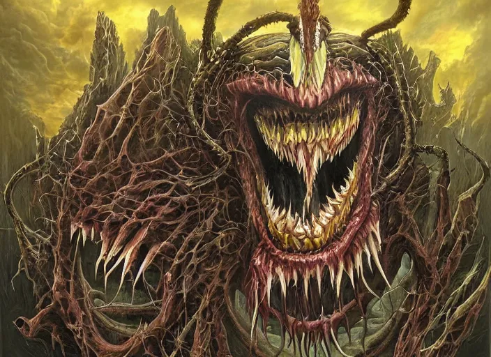 Prompt: fractal portrait of joker as venom of of the last survivors on earth witness the end of the world, by giger and vladimir kush