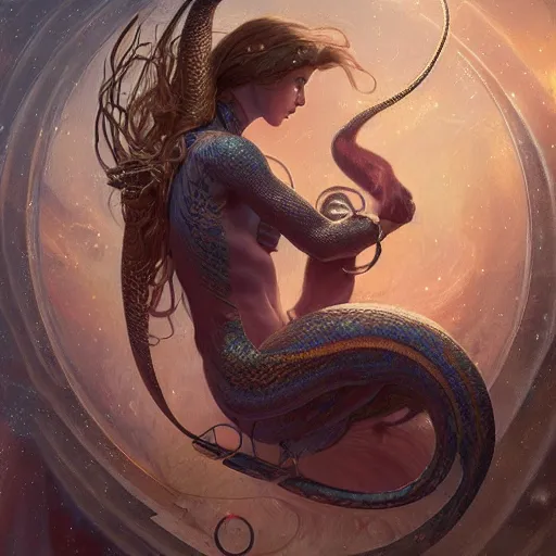 Image similar to serpent made of stars, extremely detailed, 8 k, fantasy, elegant, pale, highly detailed, digital painting, artstation, concept art, smooth, sharp focus, illustration, art by artgerm and greg rutkowski and alphonse mucha