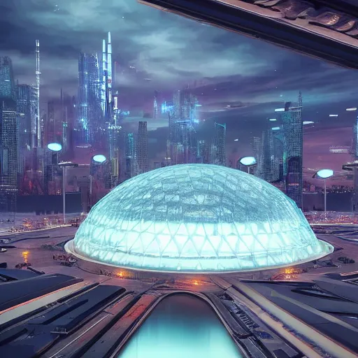 Prompt: a huge futuristic stadium for gladatior combat with a forcefield dome floating above a cyberpunk city, hexagonal shaped, elegant architecture, modern, epic light, elegant, artstation, intricate, highly detailed, ultra realist, hd, unreal engine, 3 d, hd